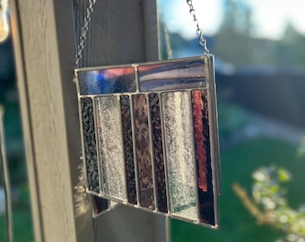 Vintage Stained Glass Sun Catcher: Geometric Red, Blue & Clear Panel