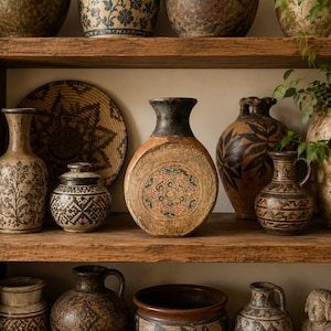 Puede incluir: Una colección de diversos recipientes de cerámica y alfarería expuestos en estantes de madera. Los objetos incluyen jarrones redondos, jarras con asa y cuencos con intrincados patrones florales, geométricos y botánicos pintados a mano.