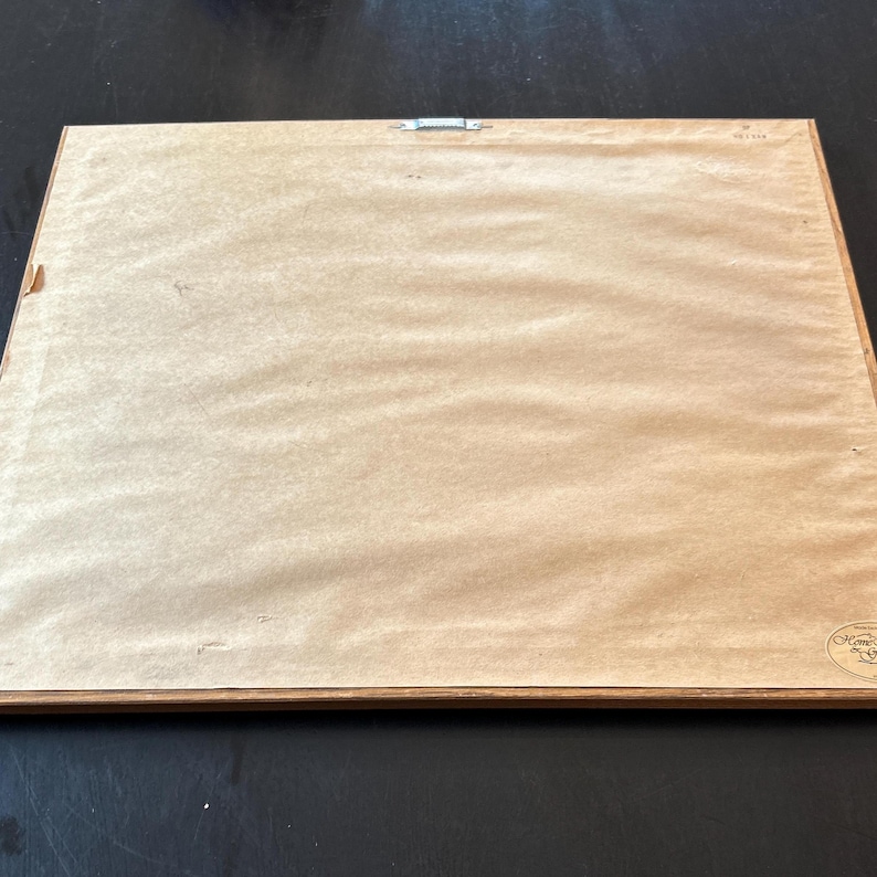 Pu&ograve; includere: Il retro di un'opera d'arte incorniciata, con un supporto di carta marrone chiaro e una cornice in legno. Un gancio di metallo &egrave; fissato nella parte superiore. La cornice &egrave; rettangolare e sembra vintage.