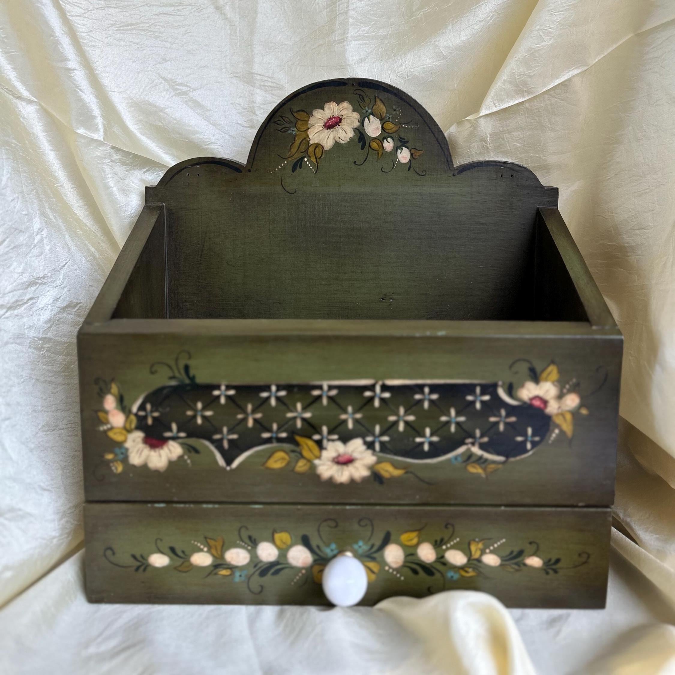 Hand-Painted Wooden Wall Mail Organizer | Tole Folk Art Floral Storage Box | Cottage Core Farmhouse Kitchen Decor