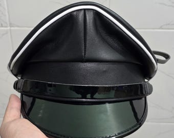 Handmade Black Leather Biker Cap | Military Style Peaked Hat | Vintage Motorcycle Rider Cap