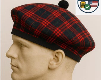 Vintage Tam O Shanter Hat Green Plaid Scotland Beret Red Pom  display picture 2