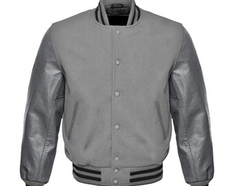 Men’s Grey Wool Varsity Jacket – Leather Sleeves, College Bomber