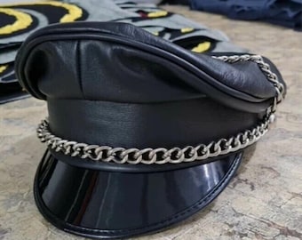 Handmade Leather Biker Cap – Muir Officer Hat with Chain