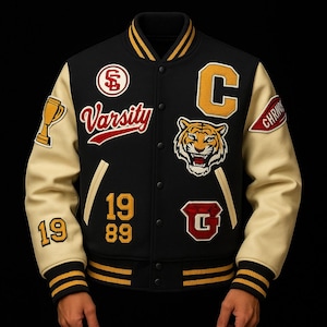May include: Black varsity jacket with cream-colored sleeves and gold and black striped trim. Features embroidered patches including a tiger, the letter "C", and the word "Varsity". The year "1989" is also displayed.