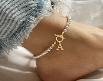 Custom Initial Pearl Bracelet: Gold-Plated Letter Charm, Handmade