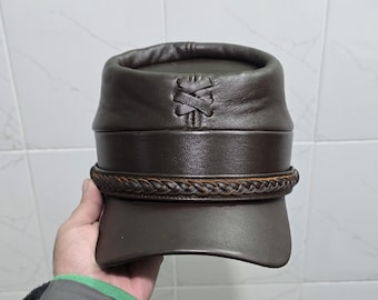 Brown Civil War Era Leather Kepi Hat – Vintage Reenactment Cap – 1860s Military Replica Headwear