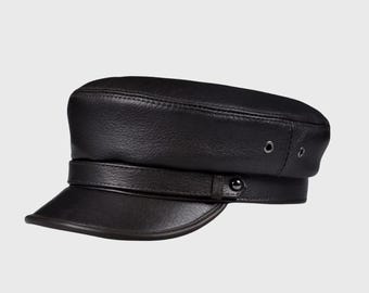 Handmade Genuine Leather Peaked Cap: Vintage Biker Hat