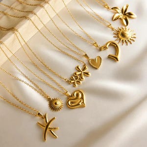 Gold Pendant Necklace: Stainless Steel Sun, Heart, Flower Charms