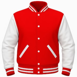 Könnte beinhalten: Eine rot-weiße Collegejacke mit Knopfleiste, weißen Ärmeln und einem gestreiften Kragen und Bündchen. Die Jacke hat zwei Vordertaschen mit weißer Einfassung und einen gerippten Saum. Ein klassisches, von Sportbekleidung inspiriertes Oberbekleidungsstück.