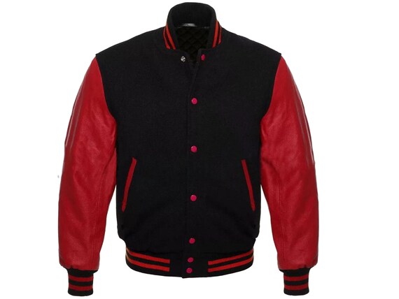 Custom Varsity Jacket: Black Wool, Red Leather Sleeves - Unisex Bomber