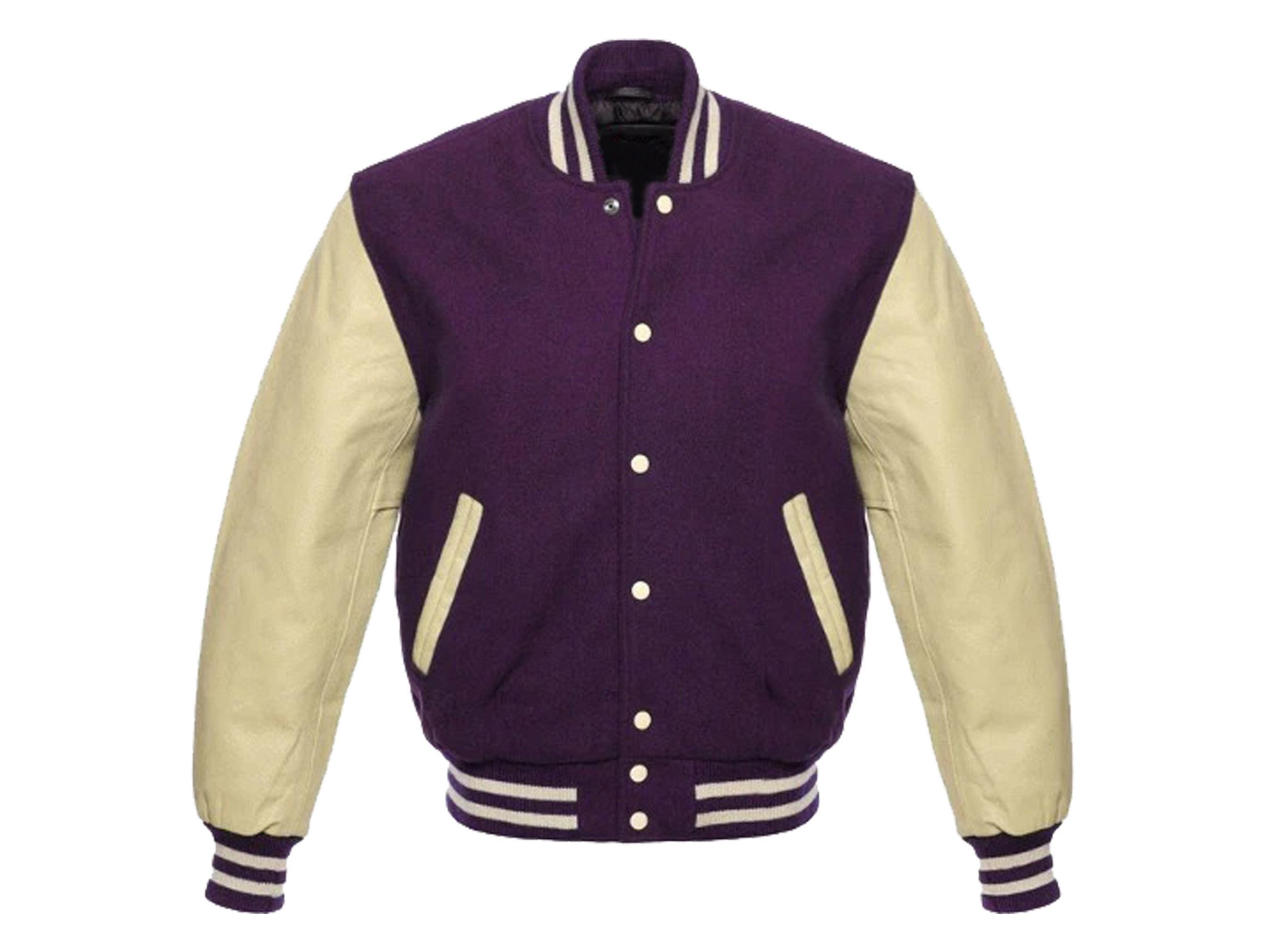 Men's Purple Wool Varsity Jacket: Leather Sleeves, College Bomber