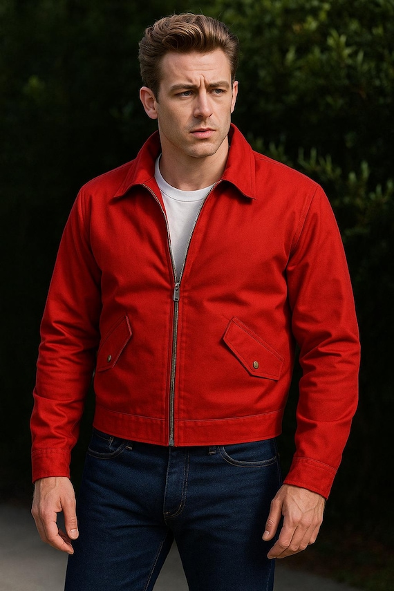 Handmade 1950s Red Cotton Greaser Jacket: Vintage Rebel Style