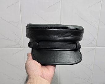 Handmade Genuine Leather Peaked Cap: Vintage Biker Hat