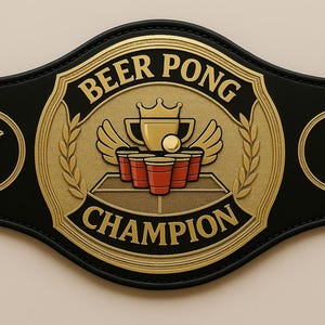 May include: A black and gold Beer Pong Champion belt. The center features a gold emblem with a crown, wings, cups, and a ball. The words "BEER PONG CHAMPION" are displayed. Red cups and a microphone are on the sides.