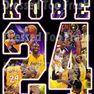 May include: A collage of images of Kobe Bryant wearing a Los Angeles Lakers jersey with the number 24. The images are arranged in the shape of the number 24. The background is black with yellow lightning bolts.