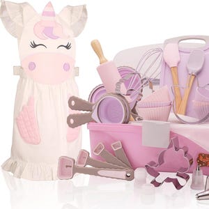 May include: A pink and white baking set with a unicorn theme. The set includes a unicorn apron, measuring cups, measuring spoons, a rolling pin, whisks, spatulas, cupcake liners, a cutting board, knives, and piping tips. The set is designed for baking.