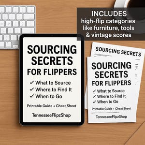 Op de afbeelding: Een tablet en een afgedrukt vel met de tekst "SOURCING SECRETS FOR FLIPPERS". De tablet toont dezelfde tekst, met opsommingstekens voor "What to Source", "Where to Find It" en "When to Go". De tekst "TennesseeFlipzShop" is ook zichtbaar.