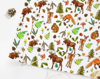 Woodland Animal Wrapping paper, Forest Creatures Nature Gift Wrap sheet, with Moose, Squirrels, Foxes, Deer, Mushrooms, Ferns and Foliage