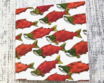 Swimming Salmon 4" greeting card set with envelopes Gift for fishermen