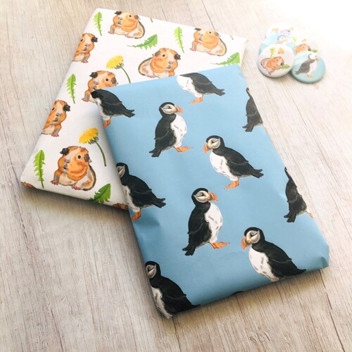 Puffin Wrapping paper fun seabird gift wrap for coastal bird lovers ocean blue background, birdwatcher's gift