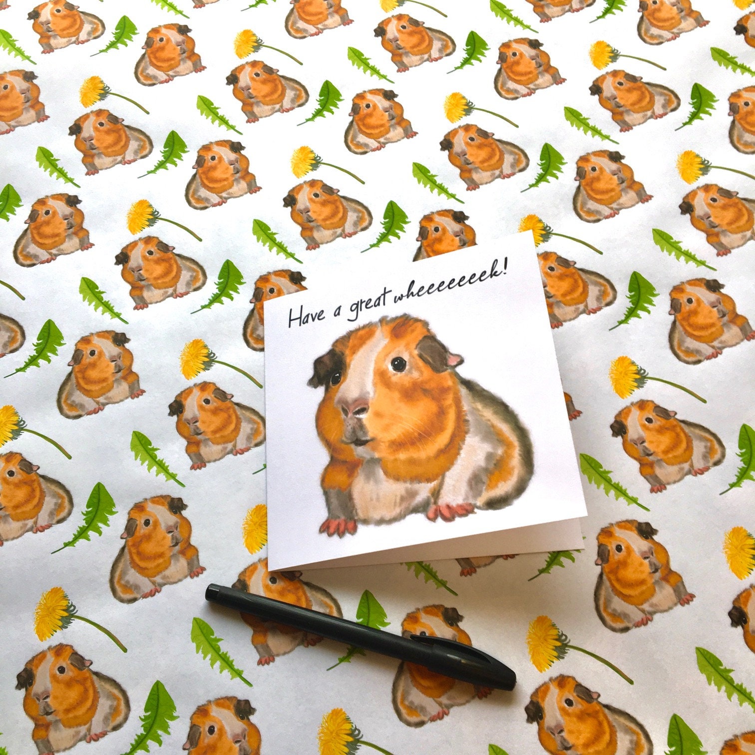 Cute Guinea Pig Wrapping Paper Sheet with dandelions for Etsy