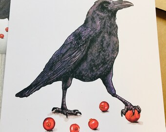 Crow or Raven Greeting Card, for bird lovers, naturalists, bird watchers, 6" square card, crow art watercolour, red berries