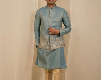 Chaqueta de pijama kurta azul claro, traje de boda, chaqueta Nehru, conjunto de pantalón kurta, abrigo de cintura india para boda, traje de pareja coordinado, sangeet