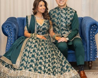 green banarasi wedding lehenga choli couple outfit wedding mens kurta indian ethnic bridal party festive matching set for mehendi function