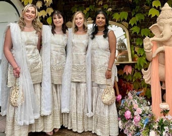 Wit sharara-pak volledig gestikt sharara etnische slijtage sharara feestkleding pak set bruidsmeisjes jurk met dupatta bruiloft gharara jurk voor haar