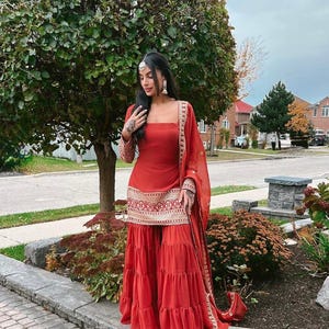 Rust orange pakistani sharara suit georgette full stiched sharara indian ethnic wear sharara party wear suit set maroon sharara with dupatta
