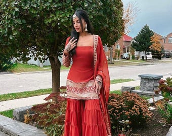 Rust Georgette Sharara Suit: Lucknowi Chikankari Indian Party Wear
