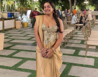 Gold Saree corset Women Indian Wedding Guest Dress Mirror Work Blouse Party Wear Cocktail Reception Outfit Ready to Wear Saree with corsetUS