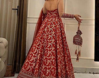 red embroidered gown with dupatta bridal party wear Indian long dress festive lehenga style outfit for wedding guest and special occasionsUK