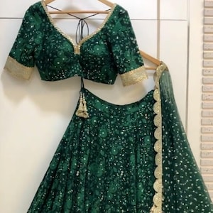 bottle green lehnga for mehndi wedding lehnga lucknowi lehenga siquence thread work ghaghra choli green skirt blouse bridal green lehnga USA
