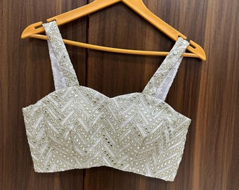 White Mirror Work Blouse: Stitched Lehenga Wedding Top