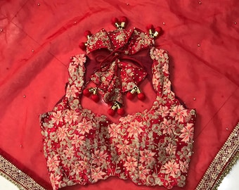 Red Organza Saree: Embroidered Bollywood Party Wear with Stitched Blouse