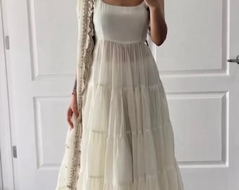 White Georgette Anarkali Gown: Embroidered Indian Wedding Dress