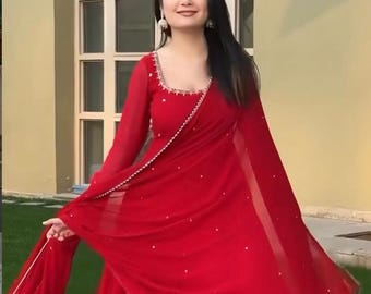 Red Georgette Anarkali Dress: Indian Wedding Gown with Dupatta