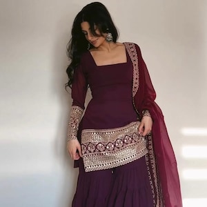 Burgundy Georgette Sharara Suit: Pakistani Indian Ethnic Wear