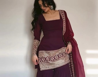 Abito Sharara in georgette bordeaux: abbigliamento etnico indiano pakistano