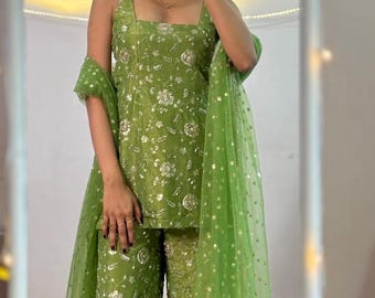 Embroidered Green Sharara Suit: Pakistani Bridal Mehendi Dress