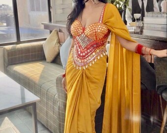 yellow dhoti saree with mirror corset blouse cocktail saree haldi outfit drapped saree prestiched saree with corset mirror blouse stichedUSA