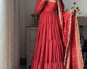rust anarkali gown dress party wear gown for wedding indian function dress anarkali gown georgette gown with dupatta indian diwali eid dress