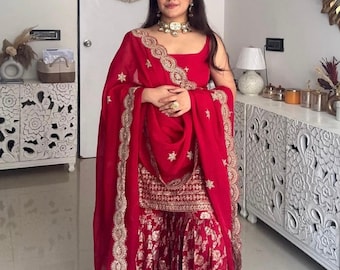 Red sharara suit full stiched sharara ethnic wear indian sharara suit party wear suit set wedding gharara dress bridesmaids sharara womenUSA