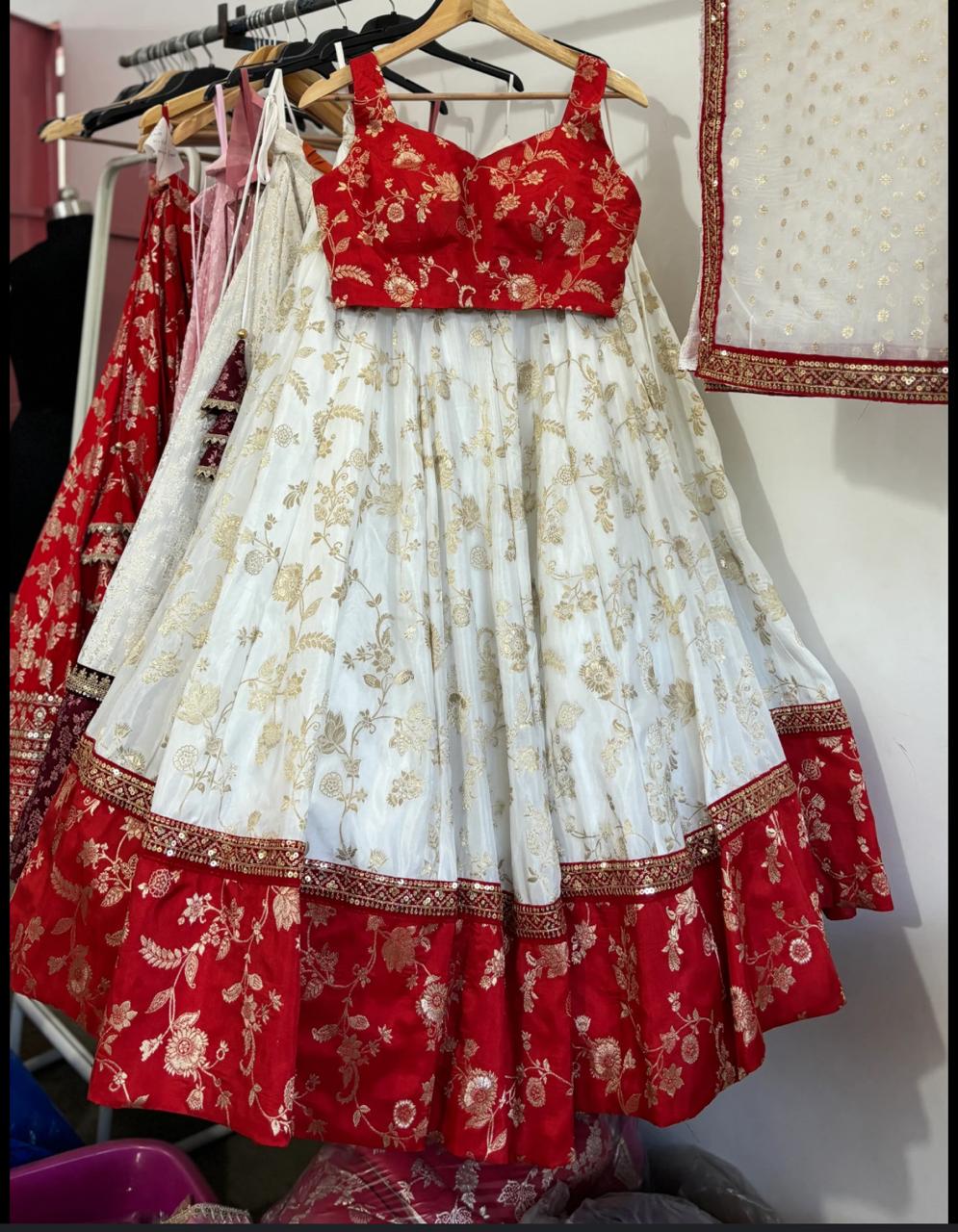Red & White Banarasi Lehenga Choli: Indian Bridesmaid Lengha