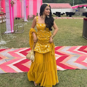 pakistansk sharara kostym gul sharara för haldi funktion georgette sharara kostym indiska etniska klädsel klänning indiska sharara kostymer för bröllopUSA