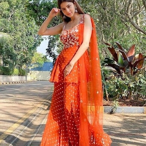 pakistani orange sharara dress indian sharara suit for women georgette full stiched sharara sequin embroidery sharara mirror work shararaUSA