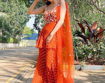 Orange Georgette Sharara Suit: Sequin & Mirror Embroidery, Pakistani Indian Dress