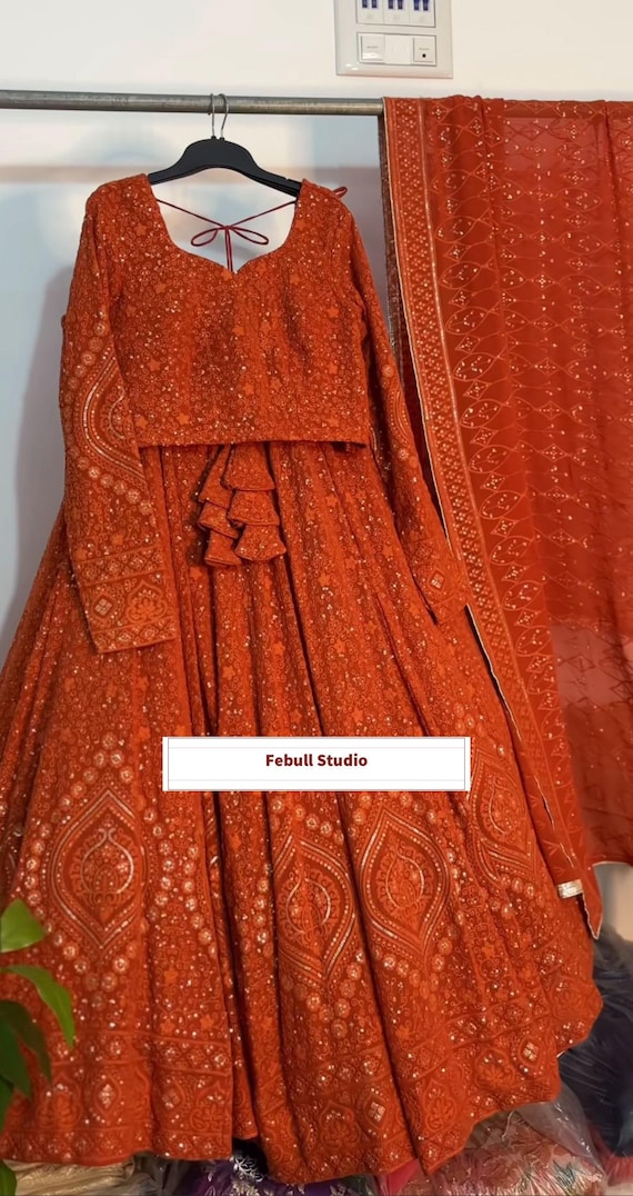Rust Orange Embroidered Lehenga Choli: Party Wear Ghaghra Rust Orange Embroidered Lehenga Choli: Party Wear Ghaghra